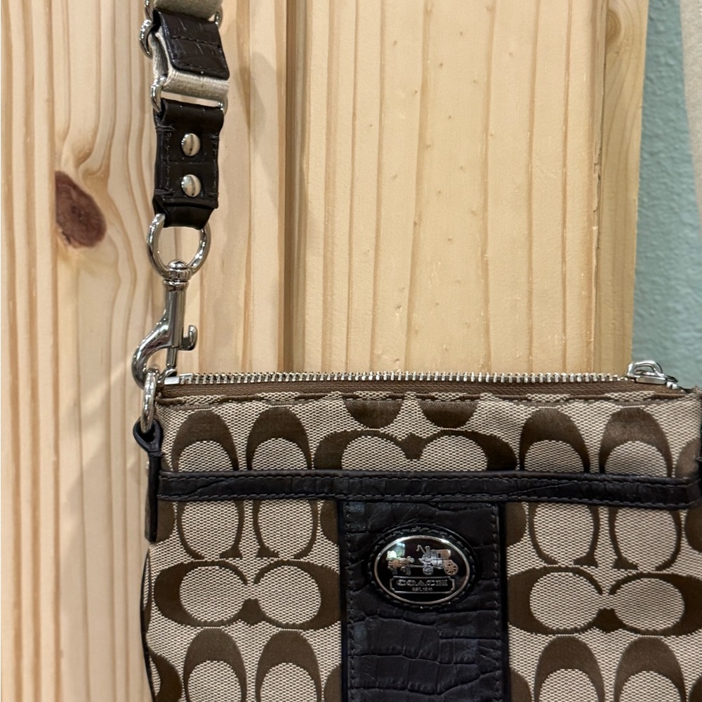 Coach Signature C Brown Tan Crossbody Bag | Leather Trim Small Purse Zip Top - Picture 4 of 12